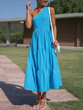 Momentlover Solid Color Pleated Loose One-shoulder Midi Dresses