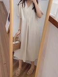Momentlover Simple Loose Linen Short Sleeves Solid Color V-Neck Midi Dresses