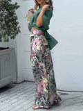 Momentlover Wide Leg Bandage Bowknot Floral Printed Pockets Shirts Tops&Pants Suits