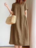 Momentlover Casual Loose Solid Color Round-Neck Midi Dresses