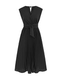 Momentlover Tied Waist Solid Color Pleated Sleeveless V-Neck Midi Dresses