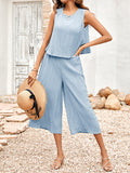 Momentlover Solid Color Wide Leg Sleeveless Round-neck Jumpsuits