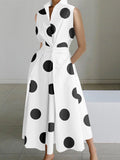 Momentlover Sleeveless Polka Dot Lapel Midi Dresses