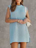 Momentlover Tied Waist Split-Joint Solid Color Sleeveless Loose Round-Neck Sweater Dresses Mini Dresses