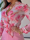 Momentlover Deep V-Neck Long Sleeves Buttoned Flower Print Shirts Top +Belted Shorts Bottom Two Pieces Set