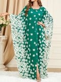 Momentlover Split-Front Muslim Flower Print Loose Batwing Sleeves Round-Neck Maxi Dresses