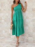 Momentlover Solid Color Pleated Loose One-shoulder Midi Dresses