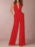 Momentlover Solid Color Backless Wide Leg Sleeveless Halter-Neck Jumpsuits