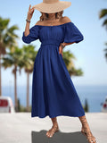 Momentlover Split-Joint Solid Color Pleated Elasticity Bishop Sleeve A-Line Square-Neck Midi Dresses
