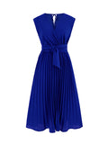 Momentlover Tied Waist Solid Color Pleated Sleeveless V-Neck Midi Dresses