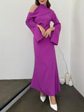 Momentlover Flared Sleeves Asymmetric Buttoned Hollow Solid Color Zipper Cold Shoulder Evening Dresses Maxi Dresses