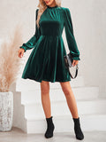 Momentlover Velvet Solid Color Ruffled Hollow Ruffle Sleeves Loose Mock Neck Mini Dresses