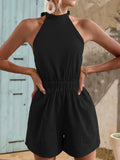 Momentlover Solid Color Ribbed Sleeveless Loose Halter-Neck Rompers