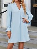 Momentlover Solid Color Ruffled Loose Long Sleeves V-Neck Mini Dresses