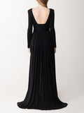 Momentlover Long Sleeves Backless No Body Chain Pleated Solid Color Tied Waist Maxi Dresses