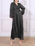 Momentlover Solid Color Pleated Belted Puff Sleeves Loose V-Neck Maxi Dresses