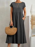 Momentlover 11 Colors Simple Round-Neck Solid Color Midi Dress