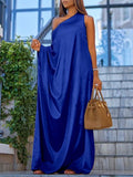 Momentlover Casual Loose Asymmetric Solid Color One-Shoulder Maxi Dresses