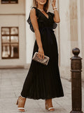 Momentlover Tied Waist Split-Joint Solid Color Pleated Floral Sleeveless Loose V-Neck Maxi Dresses