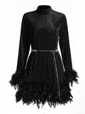 Momentlover Velvet Solid Color Feathers Chains Long Sleeves A-Line Stand Collar Mini Dresses