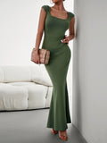 Momentlover Solid Color Sleeveless Skinny Square-Neck Maxi Dresses