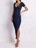 Momentlover Split-side Solid Color Skinny Short Sleeves Round-neck Midi Dresses