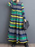 Momentlover Split-Joint Polka-Dot Buttoned Loose Long Sleeves Round-Neck Midi Dresses