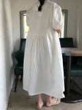 Momentlover Original Loose Solid Color Pleated Puff Sleeves Midi Dress