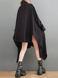 Momentlover Solid Color Pockets Buttoned Asymmetric Loose Long Sleeves Lapel Shirt Dress Midi Dresses