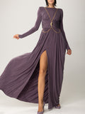 Momentlover Long Sleeves Backless No Body Chain Pleated Solid Color Tied Waist Maxi Dresses