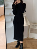 Momentlover Simple Long Sleeves Black Split-Joint Elasticity Waist Pleated Midi Dress