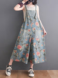 Momentlover Split-Joint Floral Printed Buttoned Wide Leg Oversize Overalls Ninth Pants