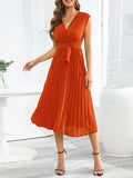 Momentlover Tied Waist Solid Color Pleated Sleeveless V-Neck Midi Dresses