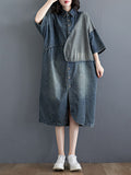 Momentlover Denim Split-Joint Plus Size Half Sleeve Lapel Shirt Dress