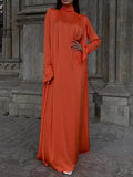 Momentlover Solid Color Loose Long Sleeves High-neck Maxi Dresses