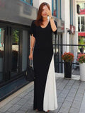 Momentlover Black&White Split-joint V-neck Long Dress