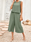 Momentlover Solid Color Wide Leg Sleeveless Round-neck Jumpsuits