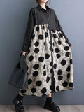 Momentlover Split-Joint Polka-Dot Buttoned Asymmetric Loose Long Sleeves Lapel Shirt Dress Midi Dresses