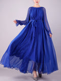 Momentlover Tied Waist Solid Color Pleated Gauze Falbala Loose Long Sleeves Round-Neck Maxi Dresses