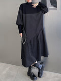 Momentlover A-Line Long Sleeves Asymmetric Solid Color Split-Joint High-Neck Midi Dresses Sweater Dresses