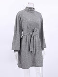 Momentlover Tied Waist Split-Joint Solid Color Pleated Puff Sleeves Loose High Neck Mini Dresses