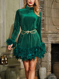 Momentlover Velvet Solid Color Feathers Chains Long Sleeves A-Line Stand Collar Mini Dresses