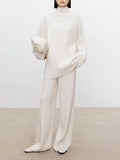 Momentlover Solid Color Long Sleeves High-Neck Sweater Top + Wide Leg Pants Bottom Two Pieces Set