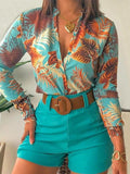 Momentlover Deep V-Neck Long Sleeves Buttoned Flower Print Shirts Top +Belted Shorts Bottom Two Pieces Set