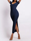 Momentlover Split-side Solid Color Skinny Short Sleeves Round-neck Midi Dresses