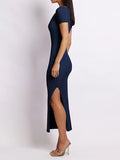 Momentlover Split-side Solid Color Skinny Short Sleeves Round-neck Midi Dresses