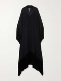 Momentlover Batwing Sleeves Loose See-Through Solid Color Tasseled Mock Neck Maxi Dresses