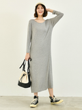 Momentlover Simple Long Sleeves Loose Solid Color Round-Neck Midi Dresses