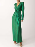 Momentlover Long Sleeves Solid Color V-Neck Evening Maxi Dresses