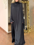 Momentlover Solid Color Loose Long Sleeves High-neck Maxi Dresses